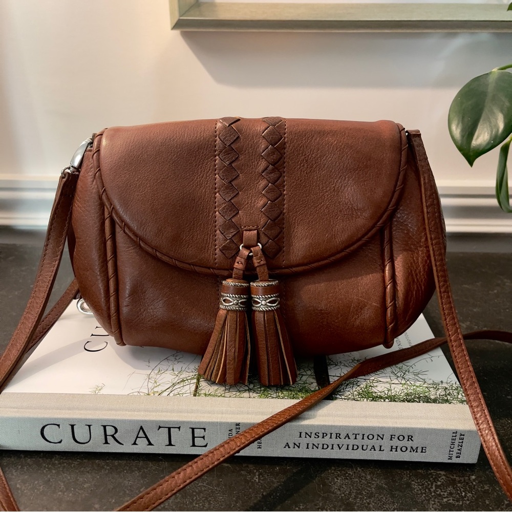 Brighton Brown Leather Crossbody Bag Tassel Woven Trim F128552 Authentic